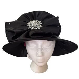 Designer Black Satin & Rhinestone Hat Mr. Hi's Classic Collection 22 1/4"